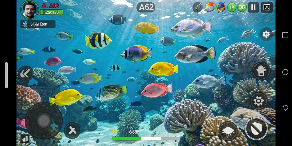Screenshot menampilkan aksi seru dalam game Tembak Ikan AA62.