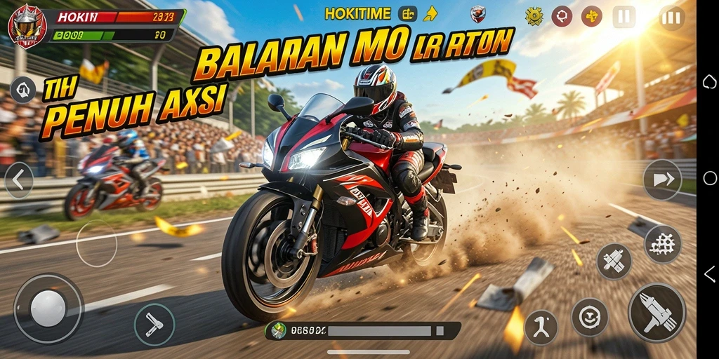 Screenshot gameplay HOKITIME menampilkan balapan motor yang intens dan mendebarkan.
