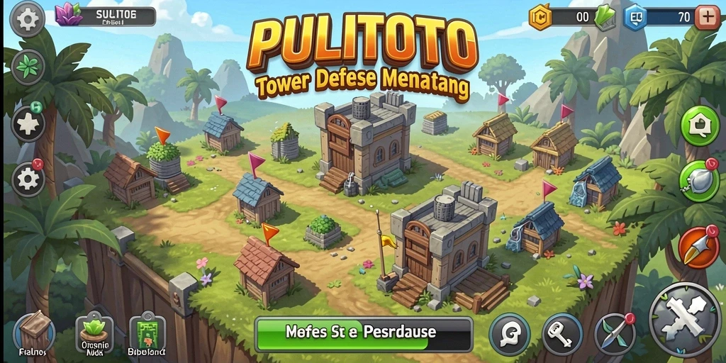 Gameplay PULITOTO dengan menara pertahanan yang strategis.