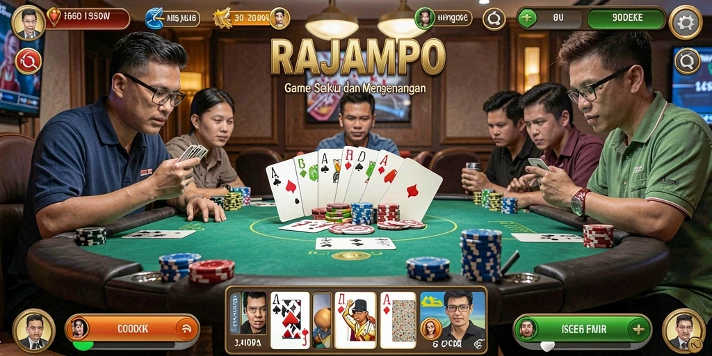 Screenshot utama RAJAMPO menampilkan suasana meja poker yang seru.