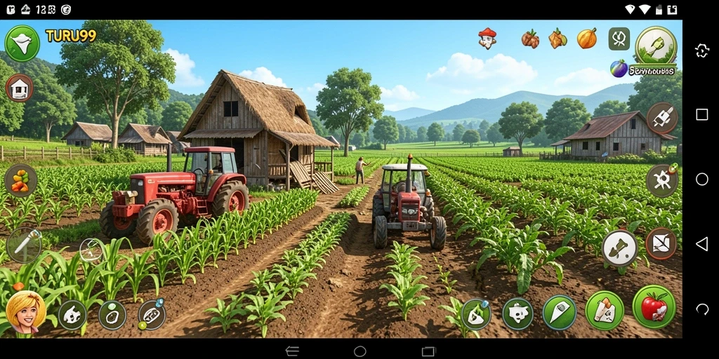 Tampilan gameplay TURU99 dengan kebun yang subur dan tanaman yang beragam.