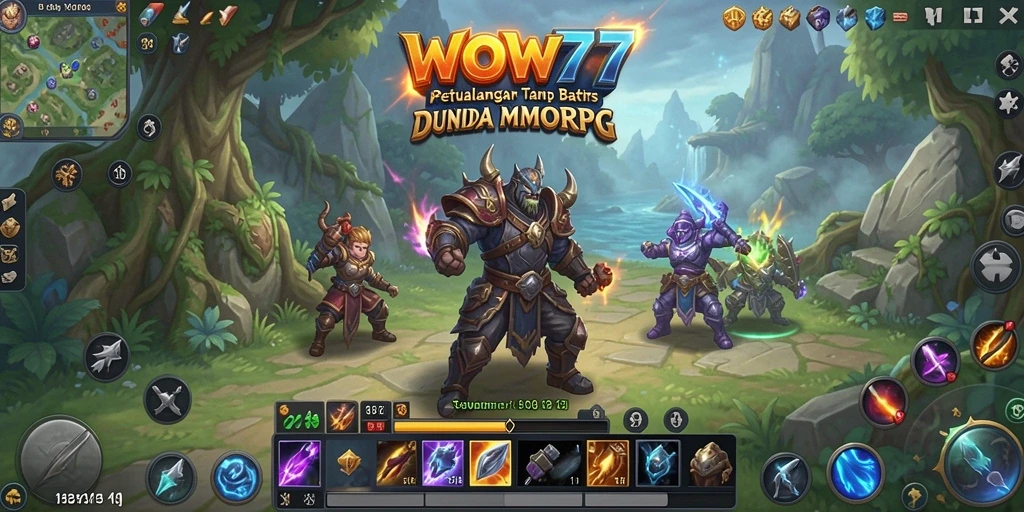 Screenshot WOW77 menampilkan pertempuran epik di dunia fantastis MMORPG.