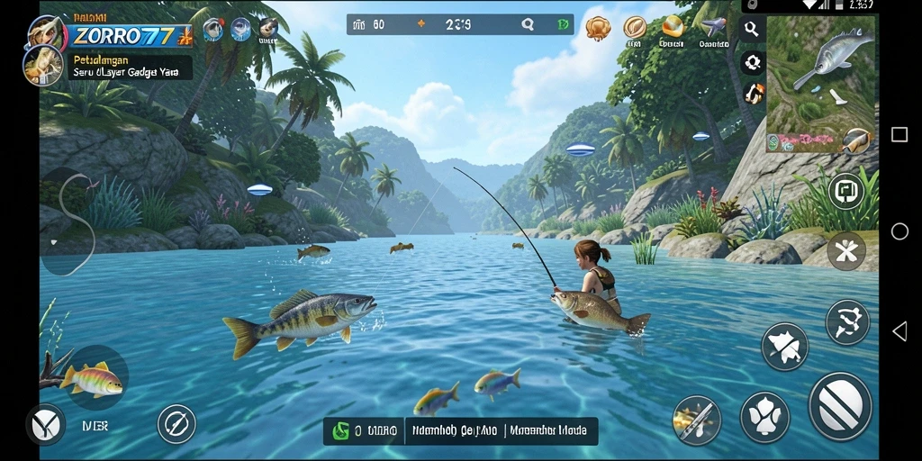 Screenshot gameplay ZORO77 menampilkan aksi seru memancing di laut.